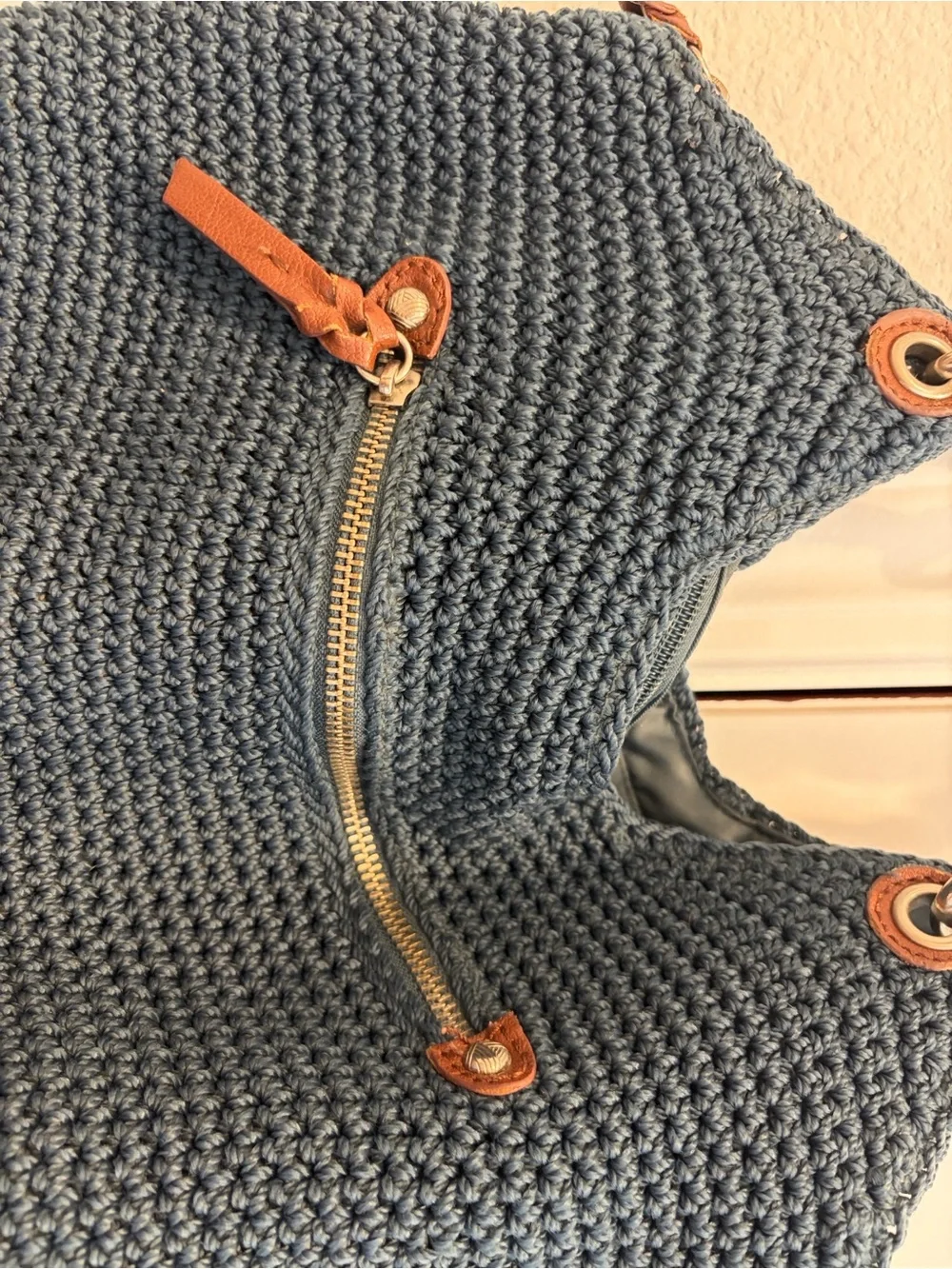 The Sak Woven Navy Double Handle Zip Crochet Bag